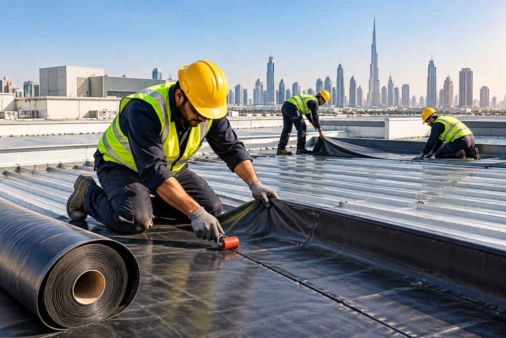 Leak Lock team installing EPDM roof waterproofing membrane in Dubai, backed by up to 10-year warranty